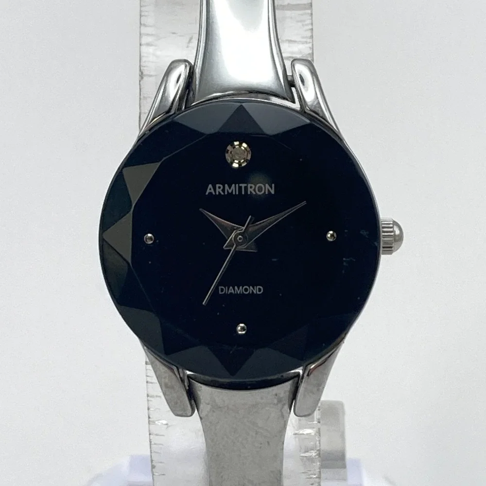 Armitron Diamond Women's Watch Silver Tone 23mm Black Faceted New Battery 6.25